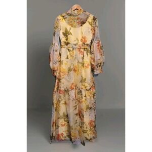 Vintage 1970s Yellow Floral Bishop Sleeve Illusion Chiffon Bow Maxi Dress Sz 10